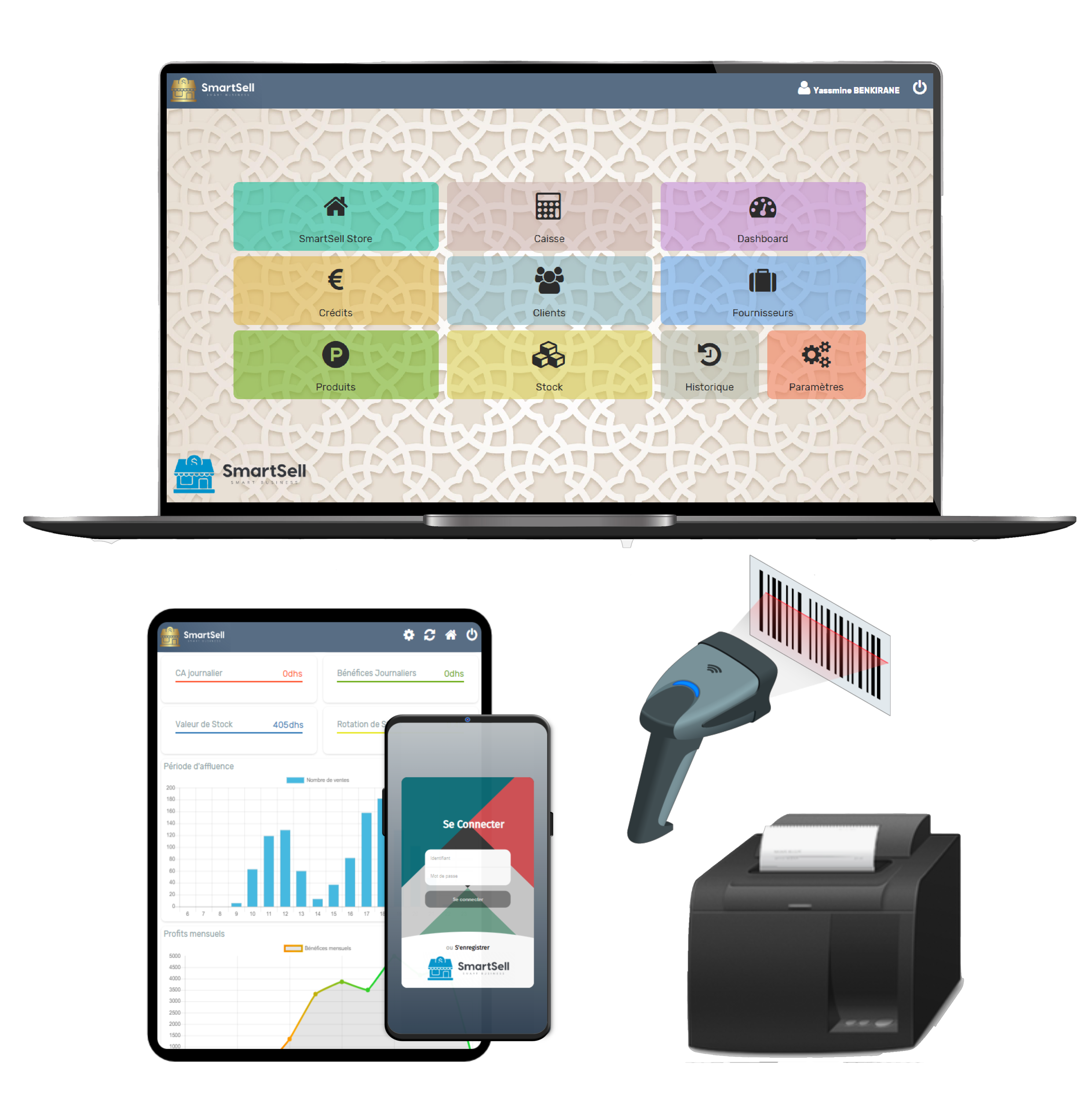 Smartsell caisse en ligne pour smartphones, tablettes et PCs. Caisse compatible avec les scanners code à barres et imprimantes thermique
